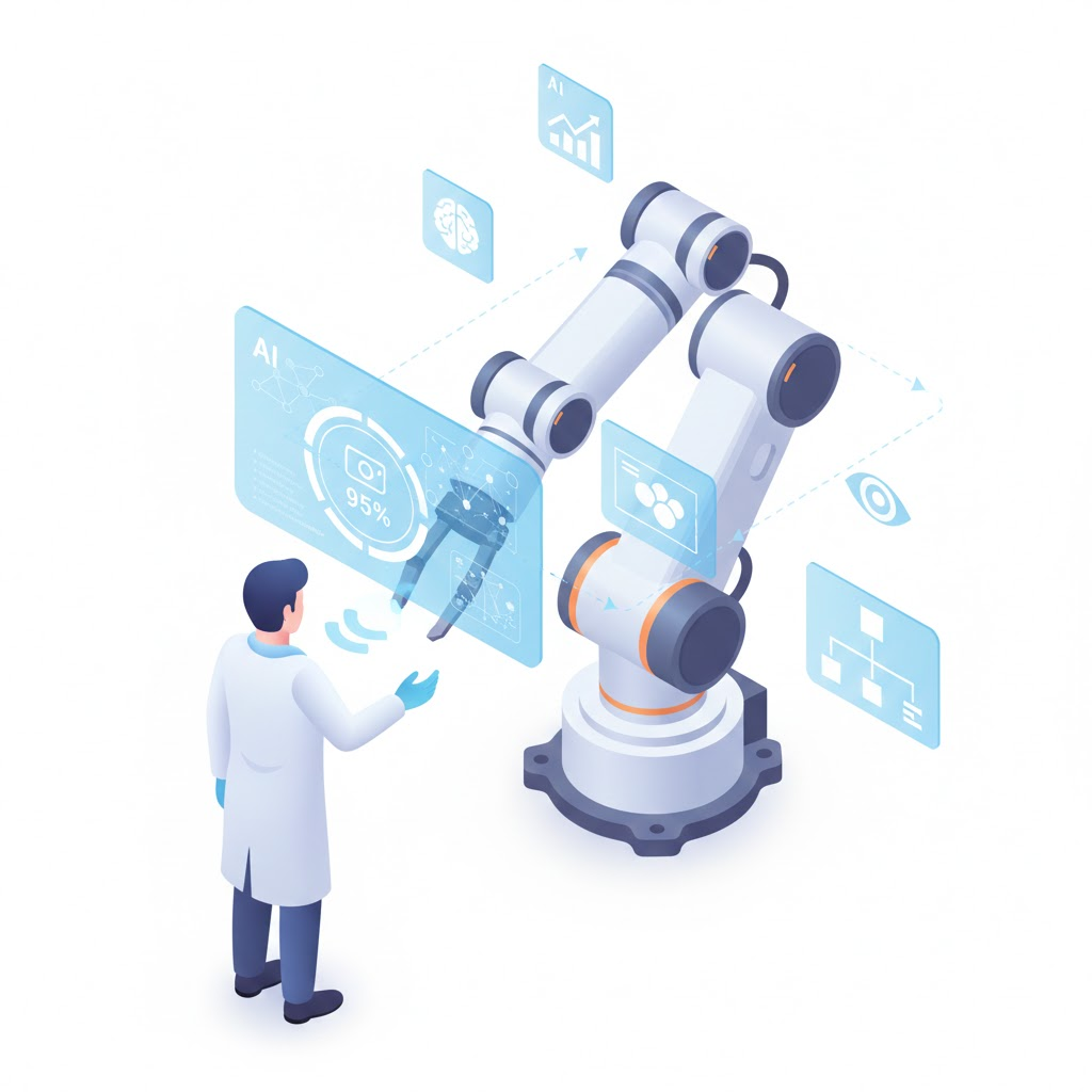 Ilustrasi cobot cerdas dengan integrasi AI dan machine learning yang
mampu belajar dari demonstrasi manusia dan mengenali objek dengan
akurasi 95 persen secara real-time