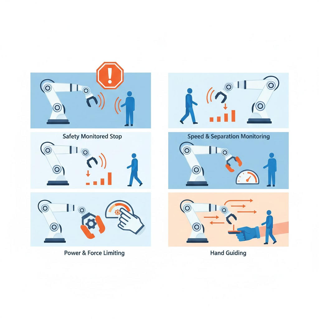 Infografis empat mode kolaborasi cobot berdasarkan standar ISO 10218:
Safety Monitored Stop, Speed and Separation Monitoring, Power and Force
Limiting, dan Hand Guiding untuk keamanan kerja optimal