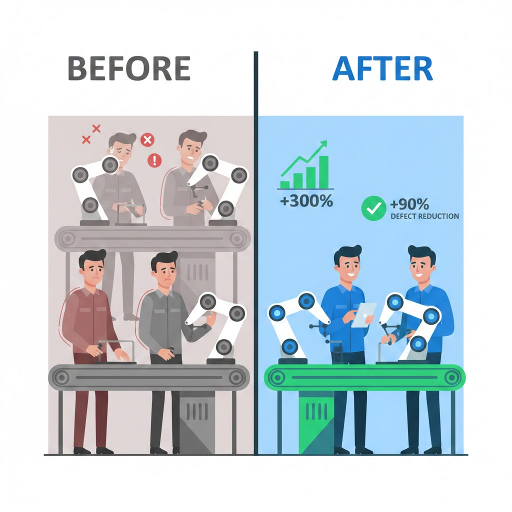 Perbandingan produktivitas sebelum dan sesudah implementasi cobot:
peningkatan produksi hingga 300 persen dan pengurangan cacat produksi
90 persen dengan kerja kolaboratif manusia-robot