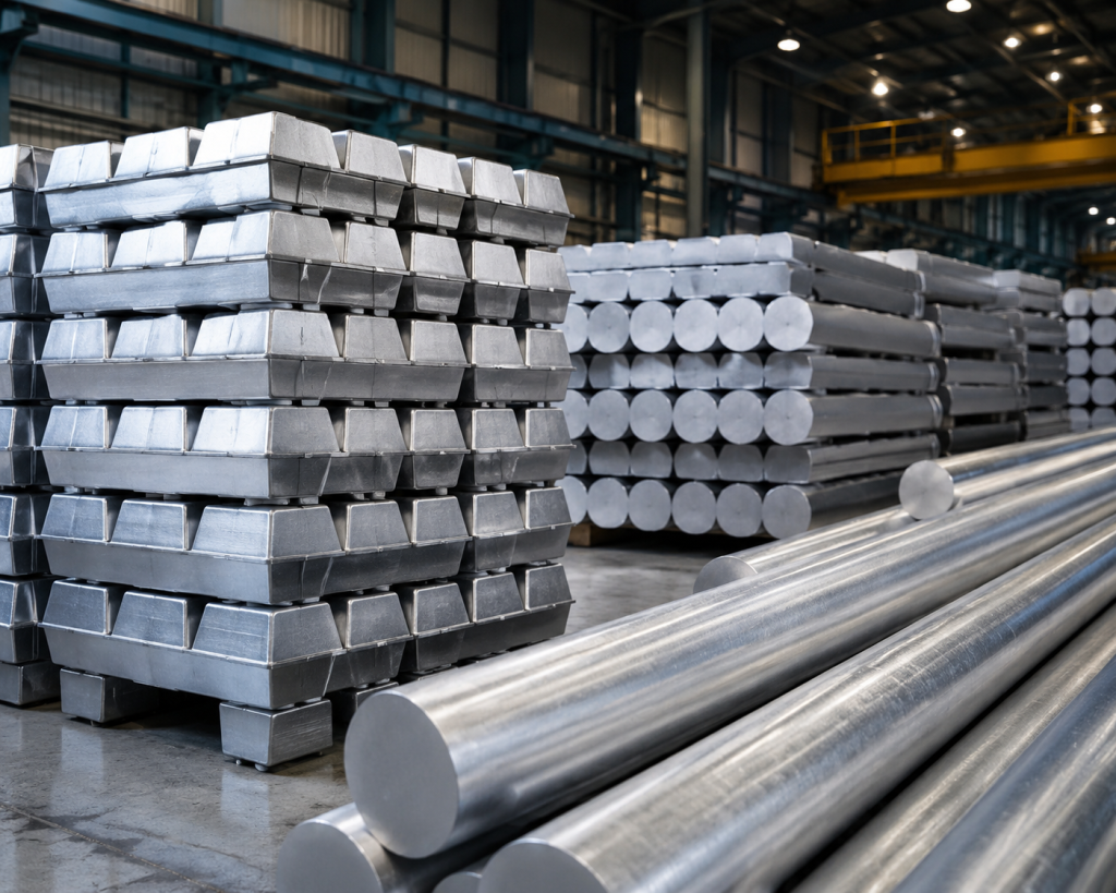 Tumpukan produk aluminium ingot hasil olahan smelter primer nasional yang mencerminkan kapasitas industri logam dasar.