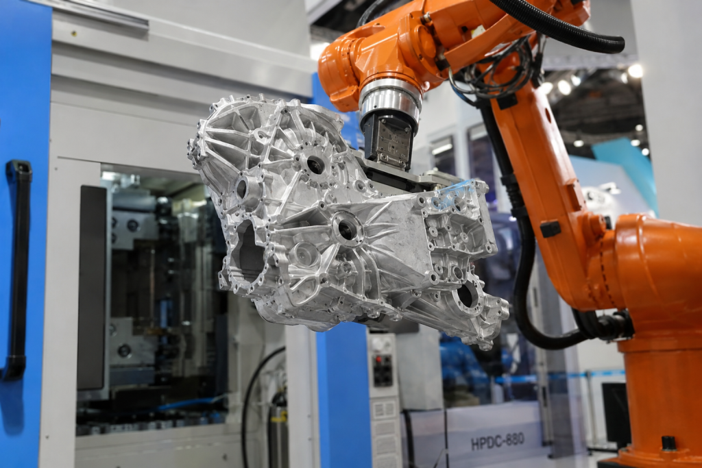 Komponen paduan aluminium presisi tinggi hasil teknologi die-casting yang dipamerkan di Aluminium Pavilion GIFA 2026.