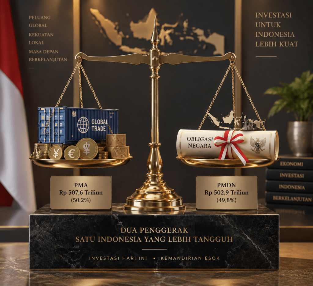 Timbangan kuningan seimbang melambangkan proporsi seimbang antara PMA 50,2 persen dan PMDN 49,8 persen di Indonesia.