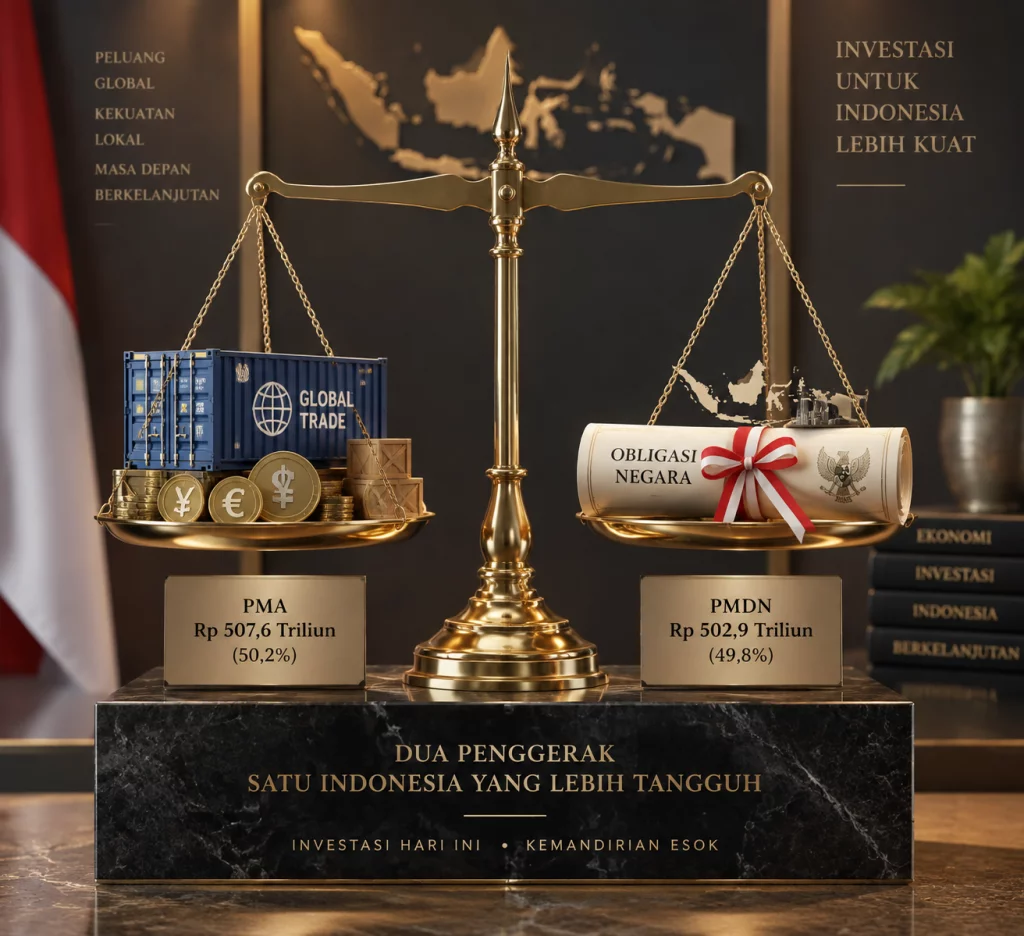 Timbangan kuningan seimbang melambangkan proporsi seimbang antara PMA 50,2 persen dan PMDN 49,8 persen di Indonesia.