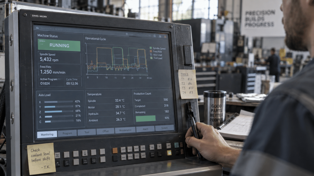 Layar monitor workstation menampilkan data performa operasional armada robot di pabrik.