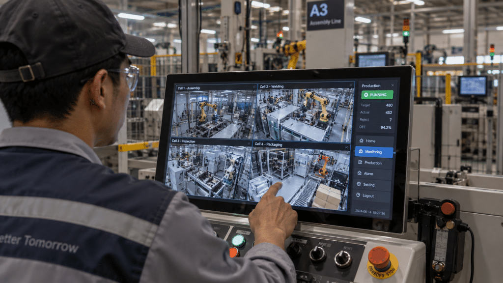 Operator mengamati antarmuka dashboard kontrol terpusat dalam sistem satu operator awasi banyak robot.