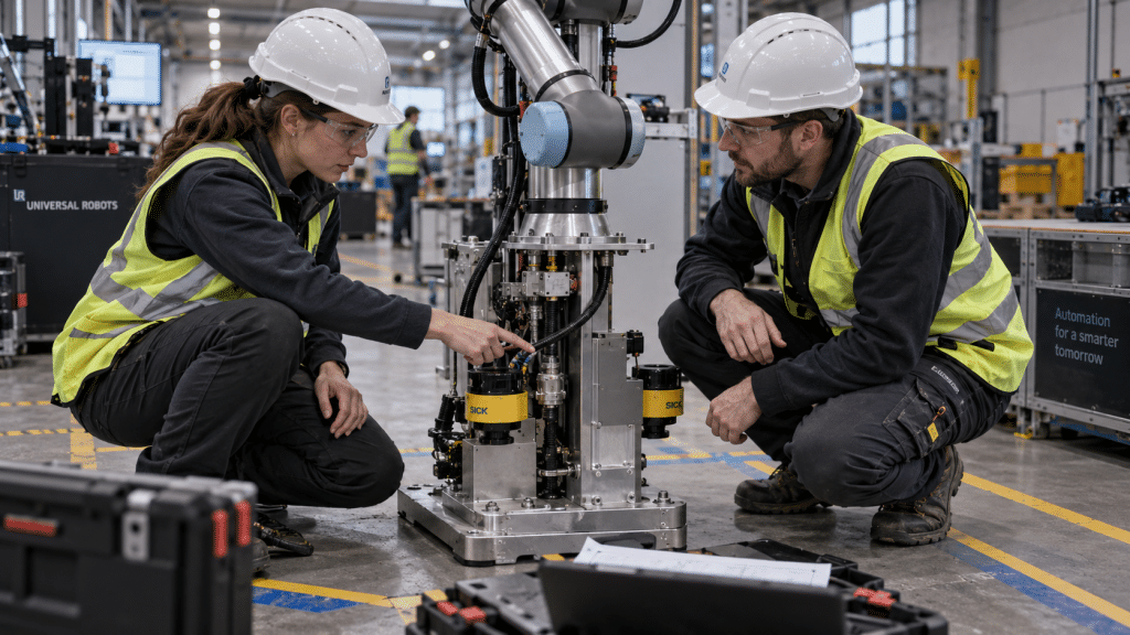 Dua teknisi melakukan audit sensor keselamatan sel kerja pada penerapan satu operator awasi banyak robot.