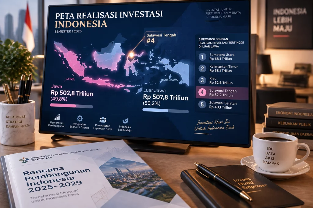 Peta distribusi investasi Indonesia memperlihatkan keunggulan wilayah Luar Jawa dengan porsi 50,2 persen di semester I 2026.