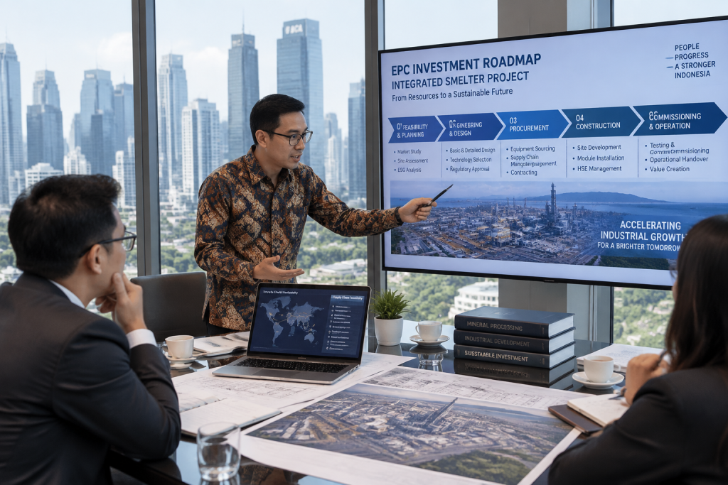 Konsultan EPC memaparkan peluang proyek hilirisasi industri kepada investor korporasi di Jakarta.