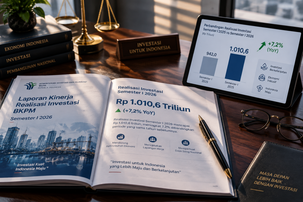 Dokumen resmi LKPM BKPM dan tablet menampilkan grafik realisasi investasi nasional Rp1.010,6 triliun.