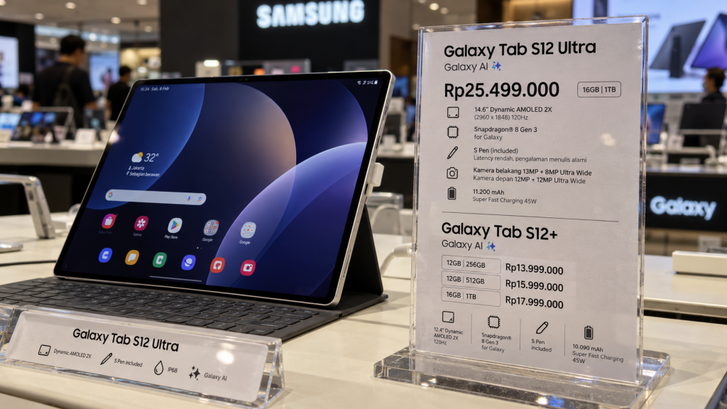 Papan label harga resmi ritel Samsung Galaxy Tab S12 Ultra dan Tab S12 Plus di meja etalase pameran gadget.