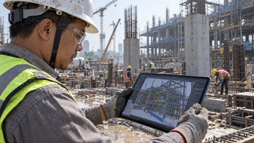 Insinyur sipil mengenakan rompi keselamatan dan helm proyek memeriksa model BIM di tablet 14,6 inci di area konstruksi.