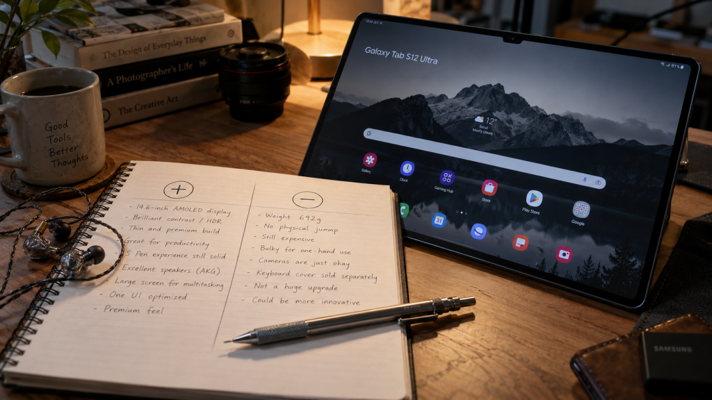 Meja kerja pengulas gadget dengan lembar catatan daftar evaluasi pro dan kontra perangkat tablet flagship.