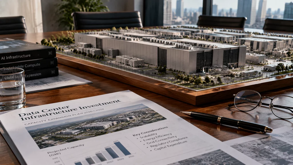 Papan tulis putih di ruang rapat yang berisi grafik tulisan tangan mengenai proyeksi pertumbuhan pasar data center dan cloud di Indonesia.