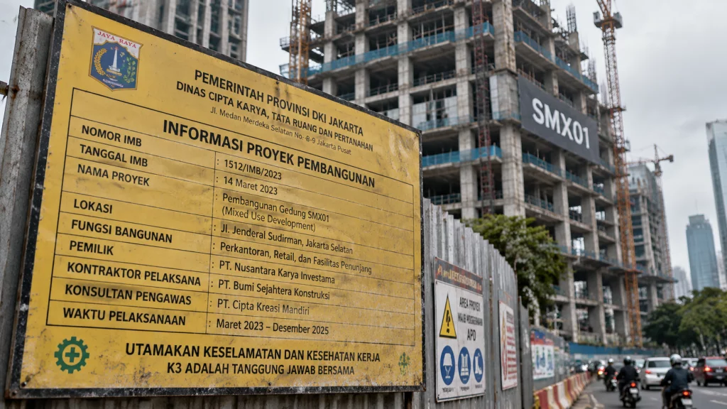 Papan informasi proyek konstruksi berwarna kuning yang terpampang di pagar lokasi pembangunan gedung data center di area perkotaan.