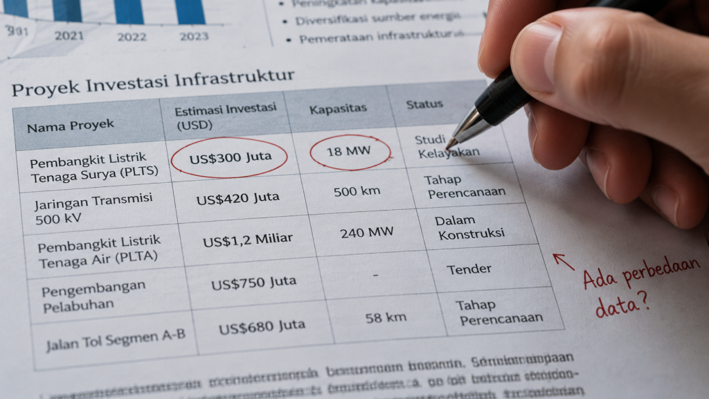 Tangan seorang analis memegang pena untuk menggarisbawahi perbedaan angka kapasitas dan nilai investasi pada dokumen laporan cetak.