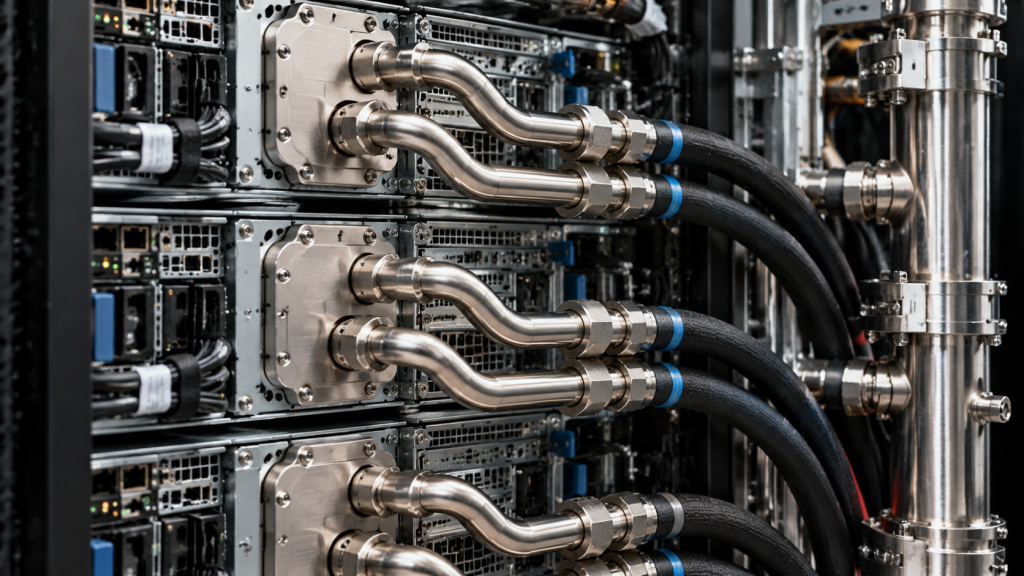 Tampilan jarak dekat infrastruktur pendingin cair (liquid cooling) berupa pipa logam yang terpasang rapi di belakang rak server untuk menangani komputasi padat.
