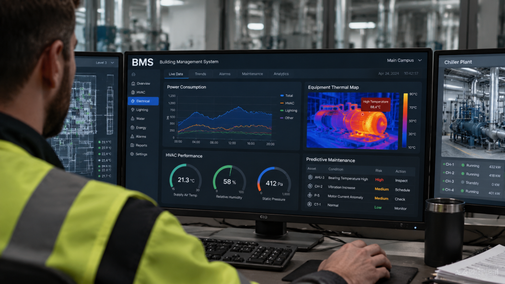 Layar monitor di ruang kendali menampilkan perangkat lunak sistem pemantauan daya dan pemeliharaan prediktif (predictive maintenance) untuk infrastruktur gedung.