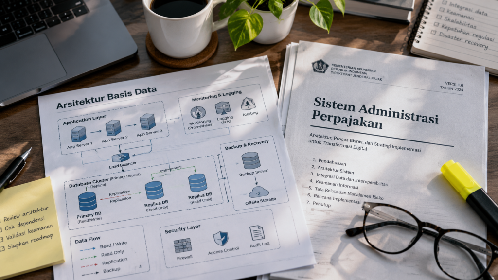 Diagram arsitektur sistem basis data yang dicetak berdampingan dengan dokumen draf regulasi administrasi perpajakan nasional di atas meja kerja.