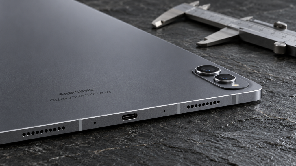 Tampilan sudut samping profil tipis 5,1 mm dan tata letak lensa kamera ganda belakang Galaxy Tab S12 Ultra.
