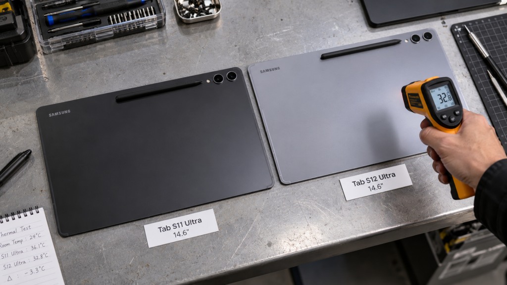 Perbandingan fisik berdampingan antara Samsung Galaxy Tab S12 Ultra dan Tab S11 Ultra di meja uji perangkat.