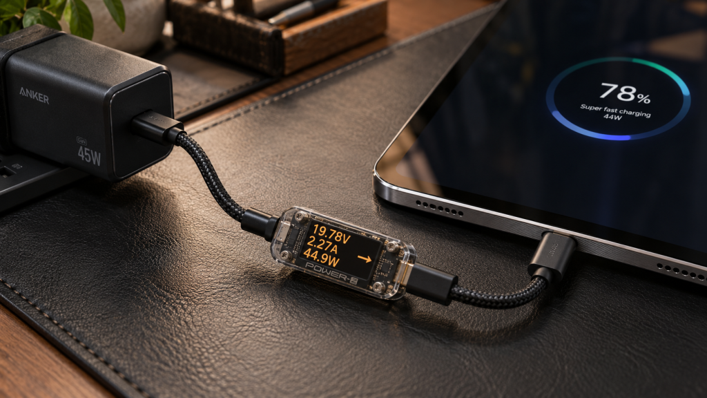 Adaptor pengisi daya 45W terhubung ke port USB-C tablet dengan meteran daya digital untuk mengukur arus masuk.