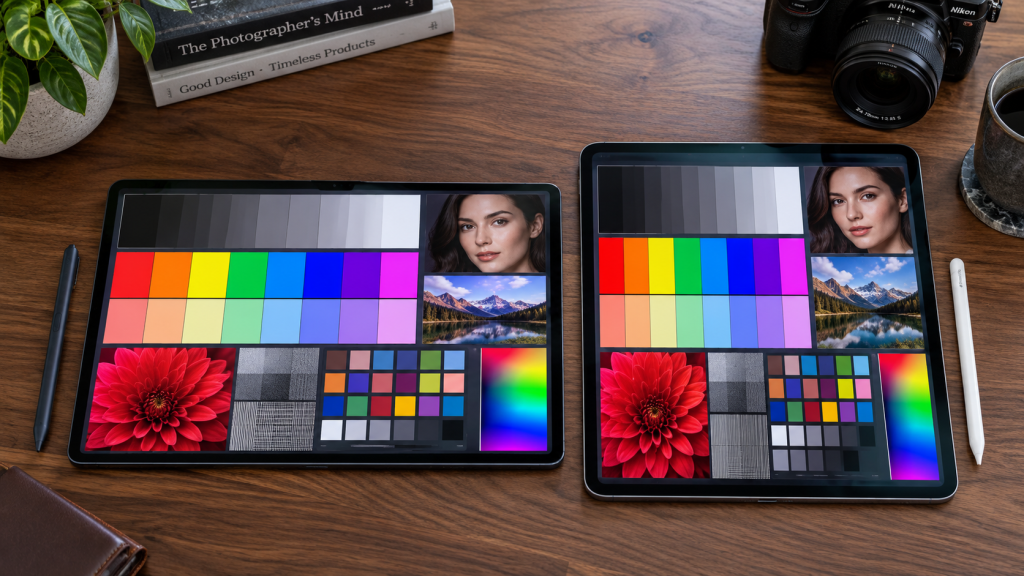 Komparasi fisik Galaxy Tab S12 Ultra layar 14,6 inci berdampingan dengan iPad Pro 13 inci chip M5 di meja review.